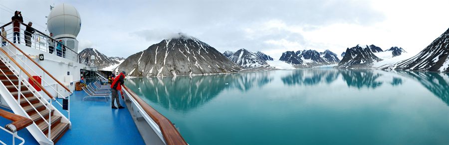 Ship bow in an Arctic fjord