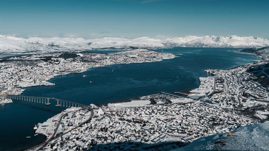Snow-covered Tromso from the air