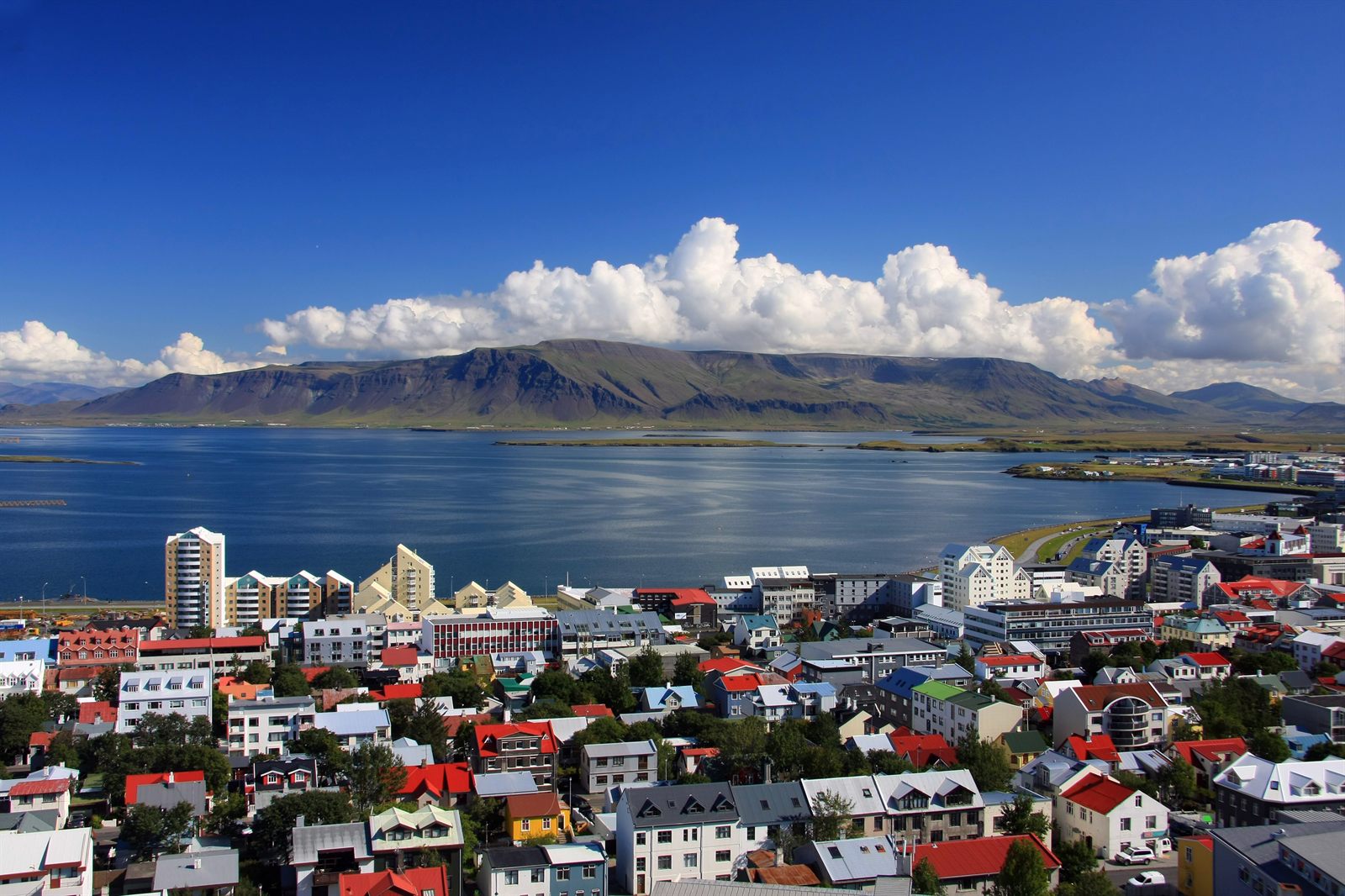 Aerial view of Reykjavik rooftops with the bay and Mount Esja behind